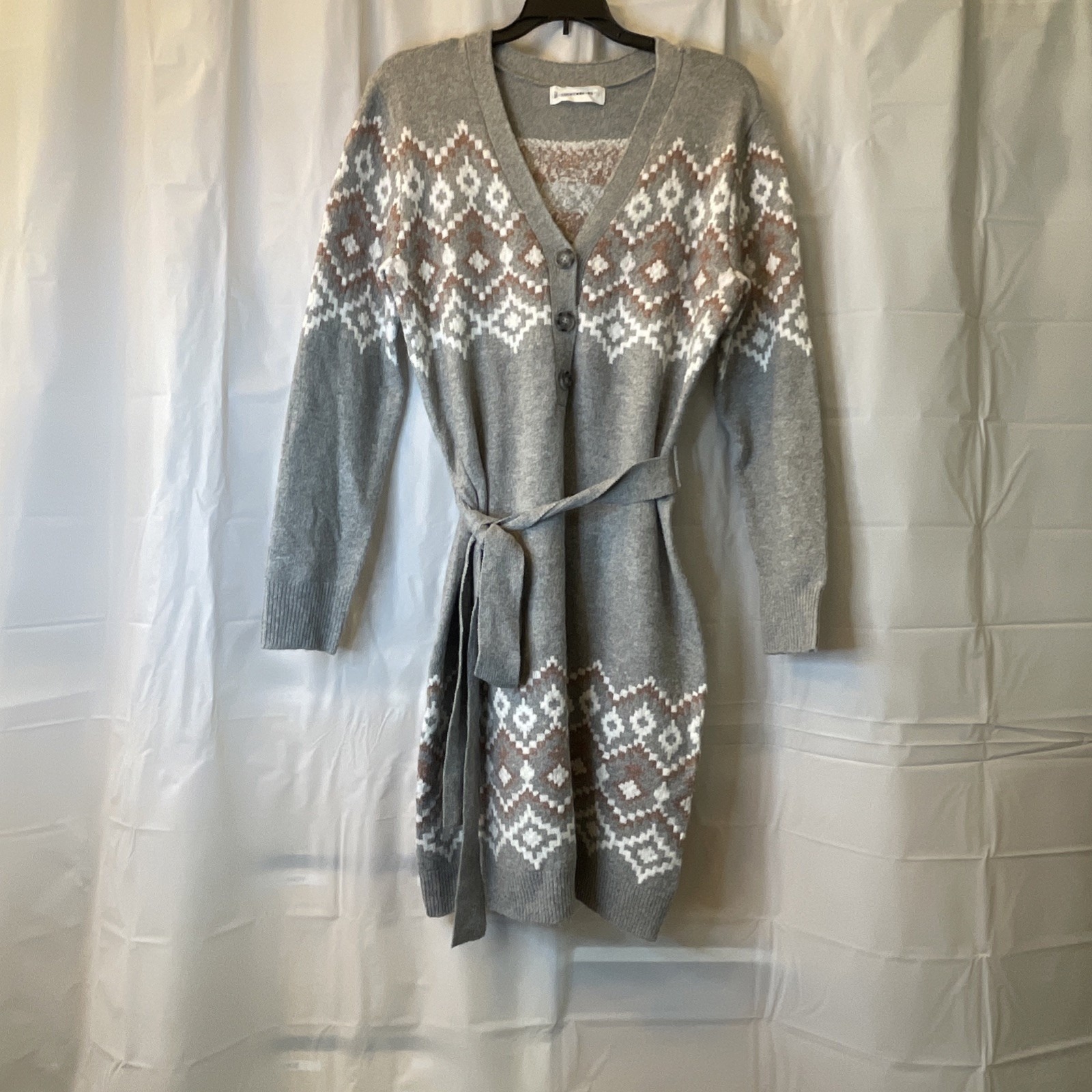 Lucky Brand Dress Women Large Gray Pink Fair Isle Nordic Sweater Knit Tie Boho